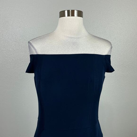 Vince Camuto Off the Shoulder Column Evening Gown Blue Size 6 Ruffled Side Slit - Picture 7 of 14